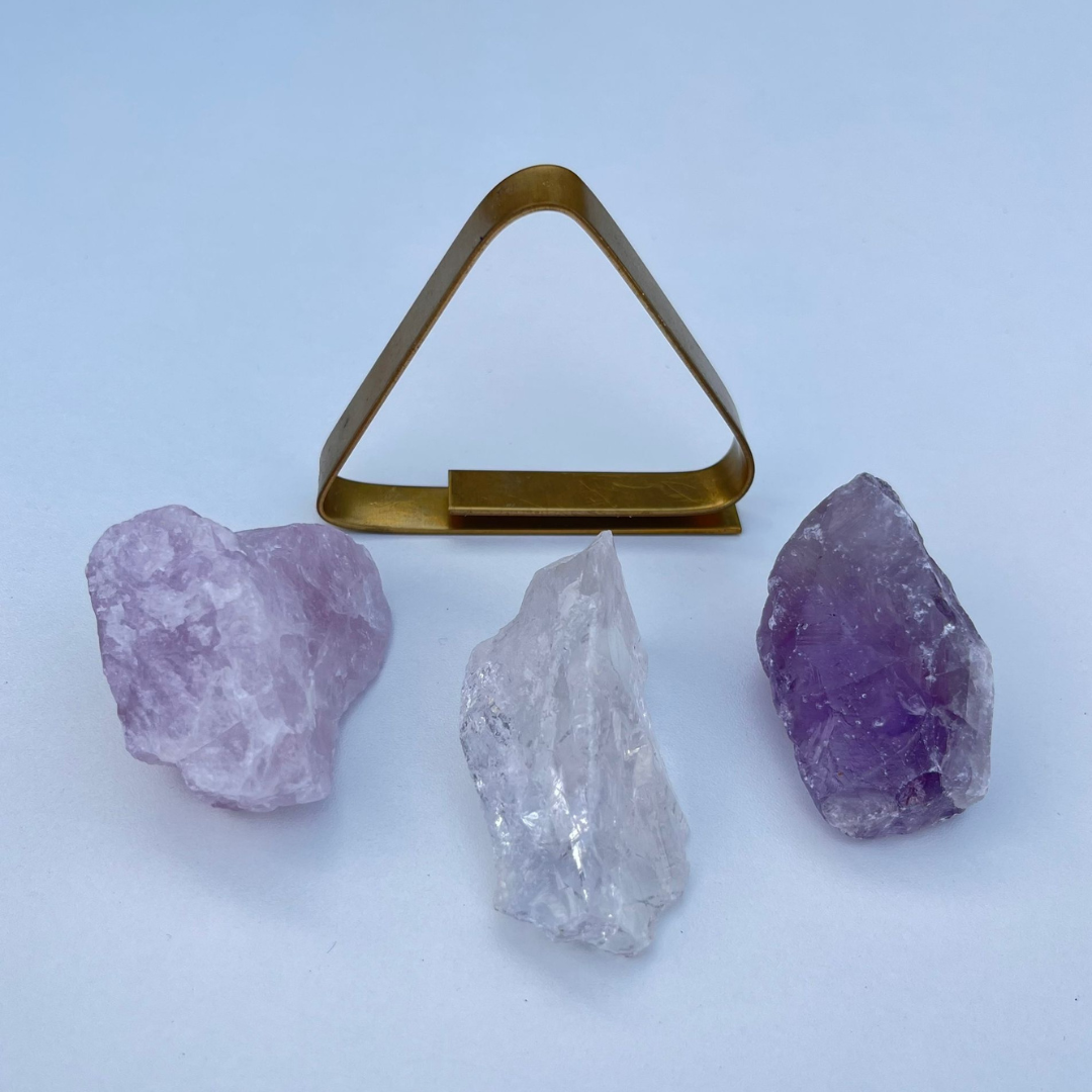 Gouden Driehoek edelstenen – rozenkwarts, amethist & bergkristal